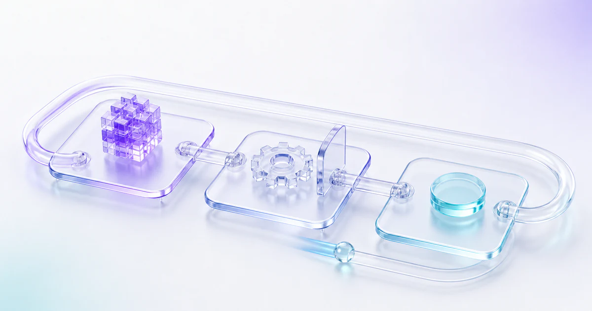 Trois plaques de verre reliées : le modèle propose, le harness agit et le résultat revient.